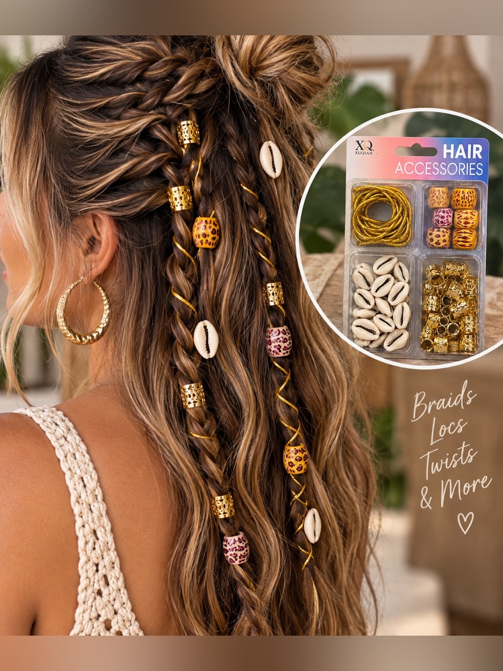 Hair Accessories Beads Cuffs Shells Gold Cord Braids Locs Festival Set